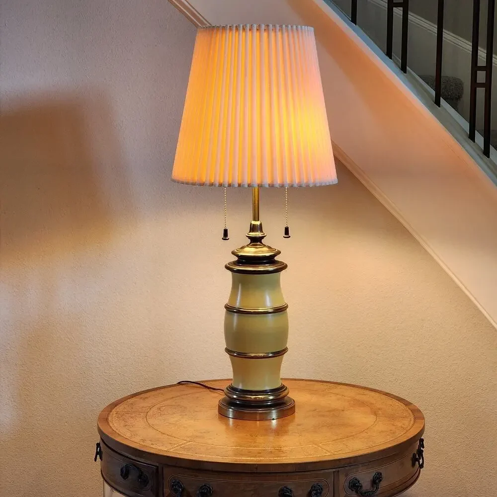 Mid Century STIFFEL Yellow Enamel / Brass DBL Socket Table Lamp 35.5